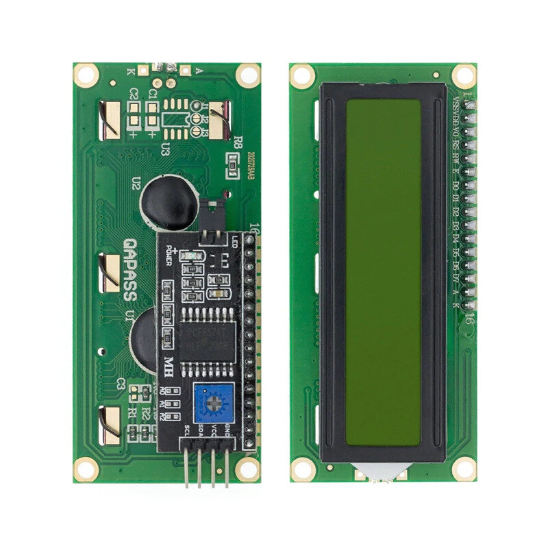 Символьный LCD дисплей 1602 16х2 знака зелёный с I2C адаптером