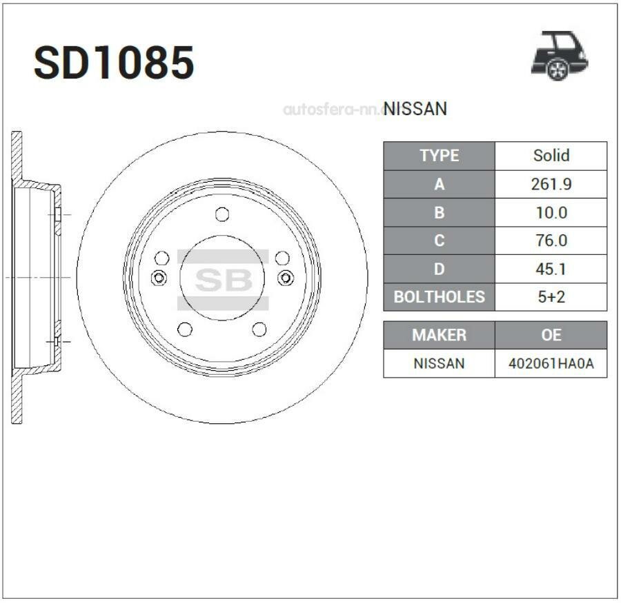 SANGSIN BRAKE SD1085 Диск тормозной Hyundai Elantra/i30/Veloster, KIA Ceed/Soul/ProCeed 1.4-1.6 11 SD1085