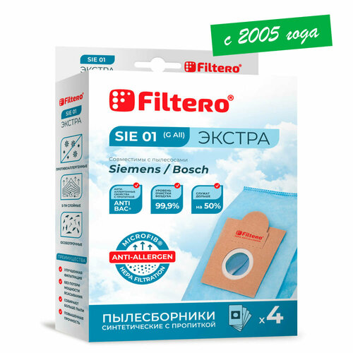 мешки пылесборники filtero sie 01 mega pack экстра anti allergen 12 штук Filtero Мешки-пылесборники SIE 01 Экстра, 4 шт