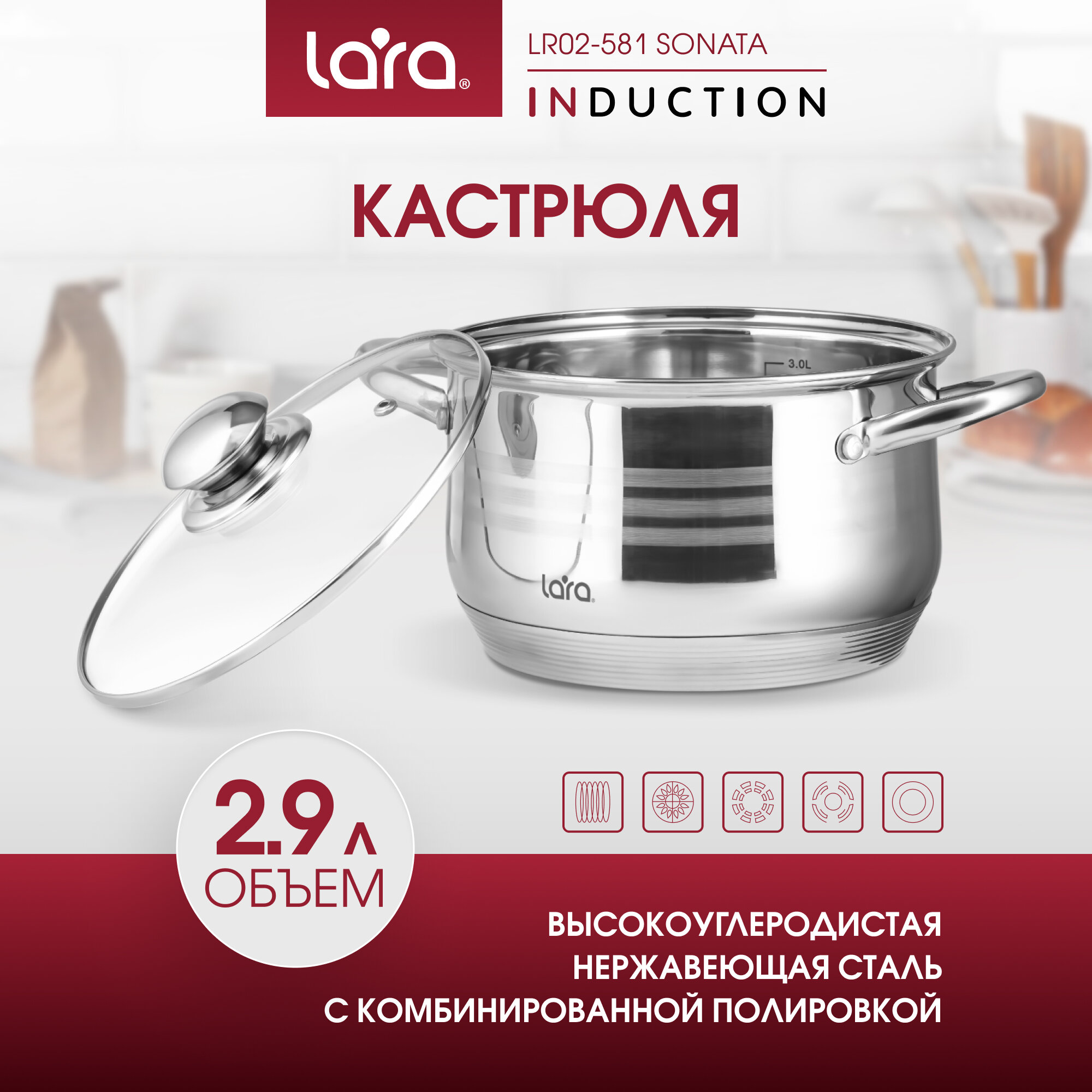 Кастрюля нерж 2,9Л SONATA СТ/КР шкала литража полые ручки индукция (12) LARA