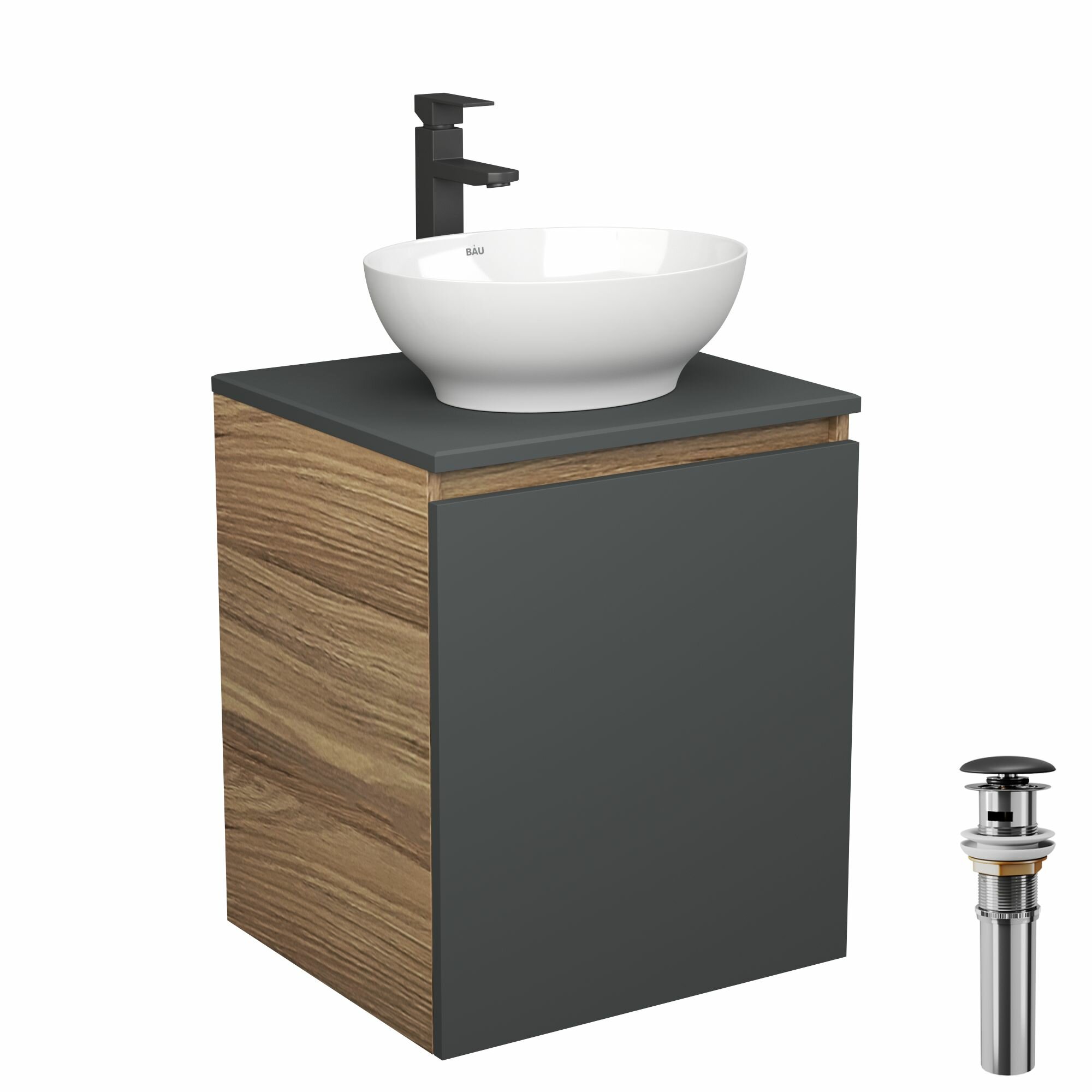 фото Тумба Bau Dream Blackwood 50 графит, раковина BAU Nimb 41х33, смеситель для раковины высокий Hotel Black, черный, выпуск клик клак, черный