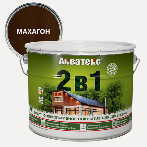 Изображение товара Защитно-декоративное покрытие Акватекс 2 в 1 для древесины алкидное полуматовое лессирующее, махагон 9л