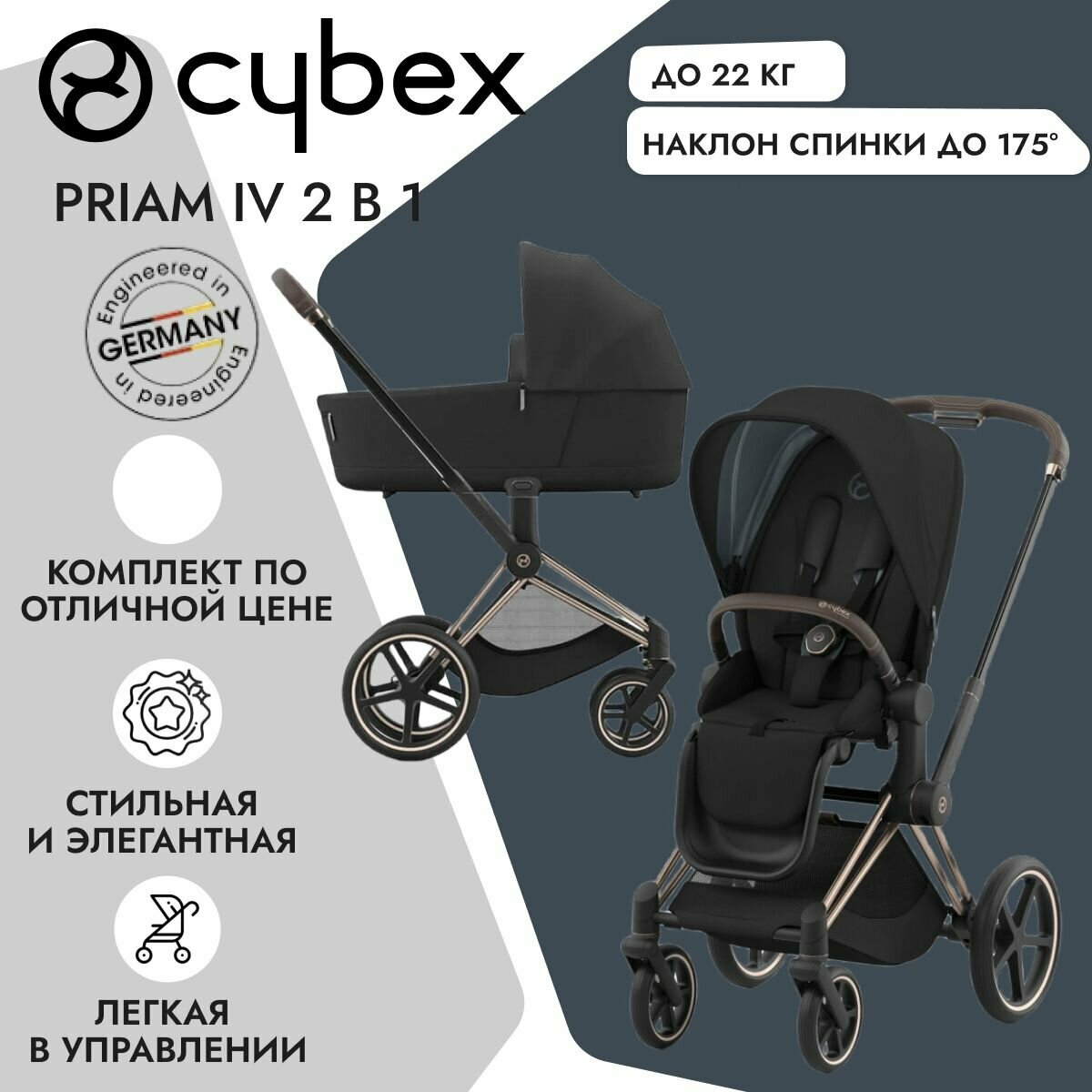Детская коляска Cybex Priam IV 2 в 1 Sepia Black на шасси IV Rosegold New