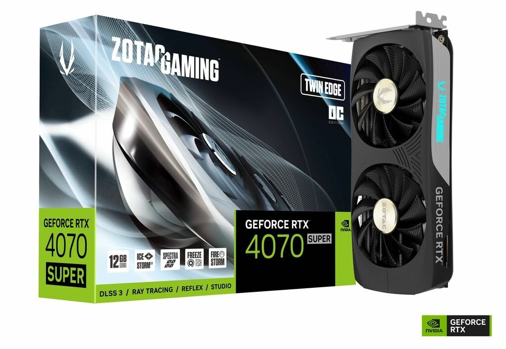 Видеокарта Zotac RTX4070 SUPER TWIN EDGE OC 12GB GDDR6X 192bit 3xDP HDMI 2FAN Medium Pack