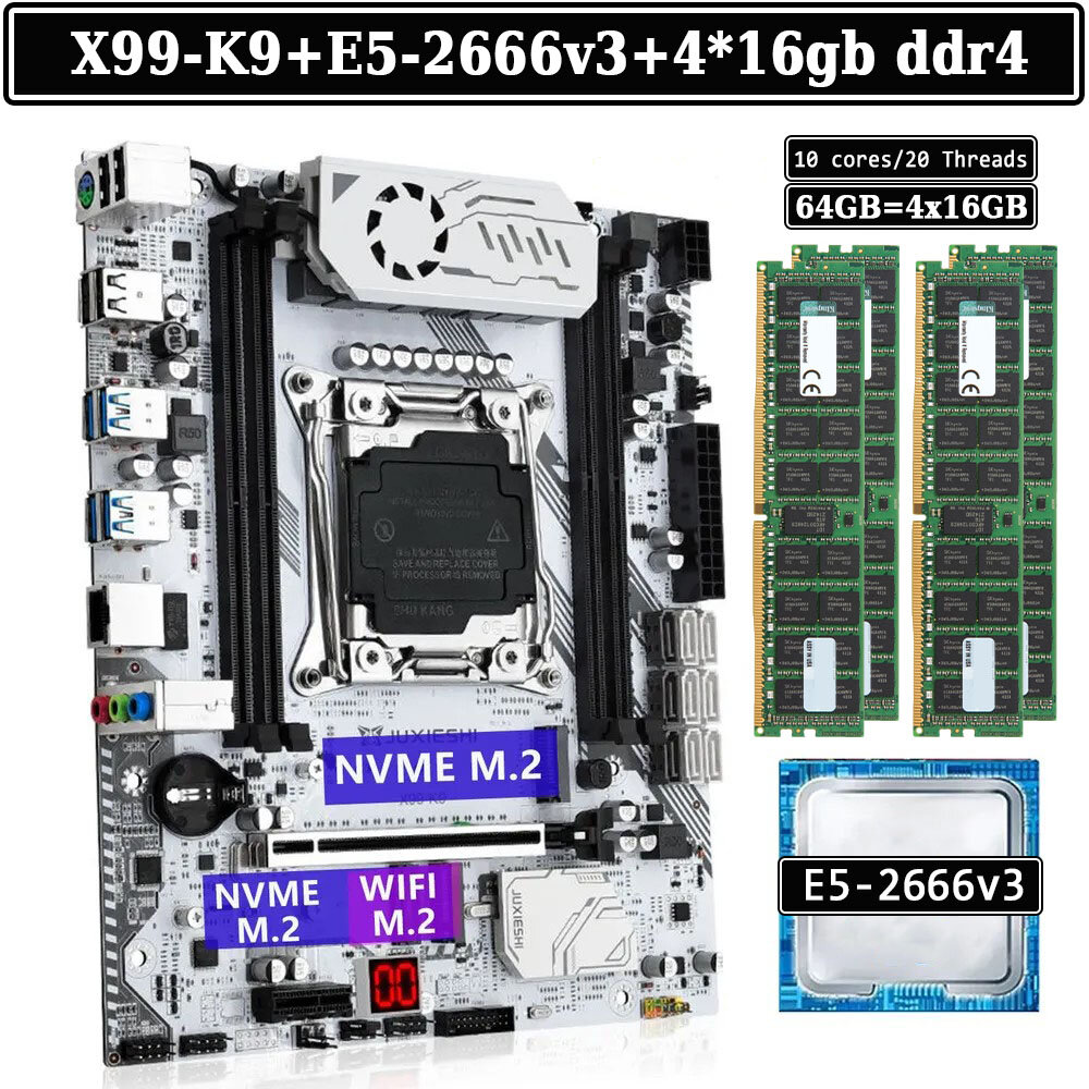 Комплект материнская плата Juxieshi X99-K9 + Xeon 2666V3 + 64GB DDR4 4x16gb