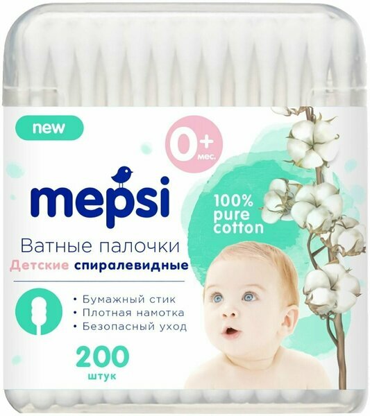 фото Ватные палочки Mepsi детские, спиралевидные, 200 шт.
