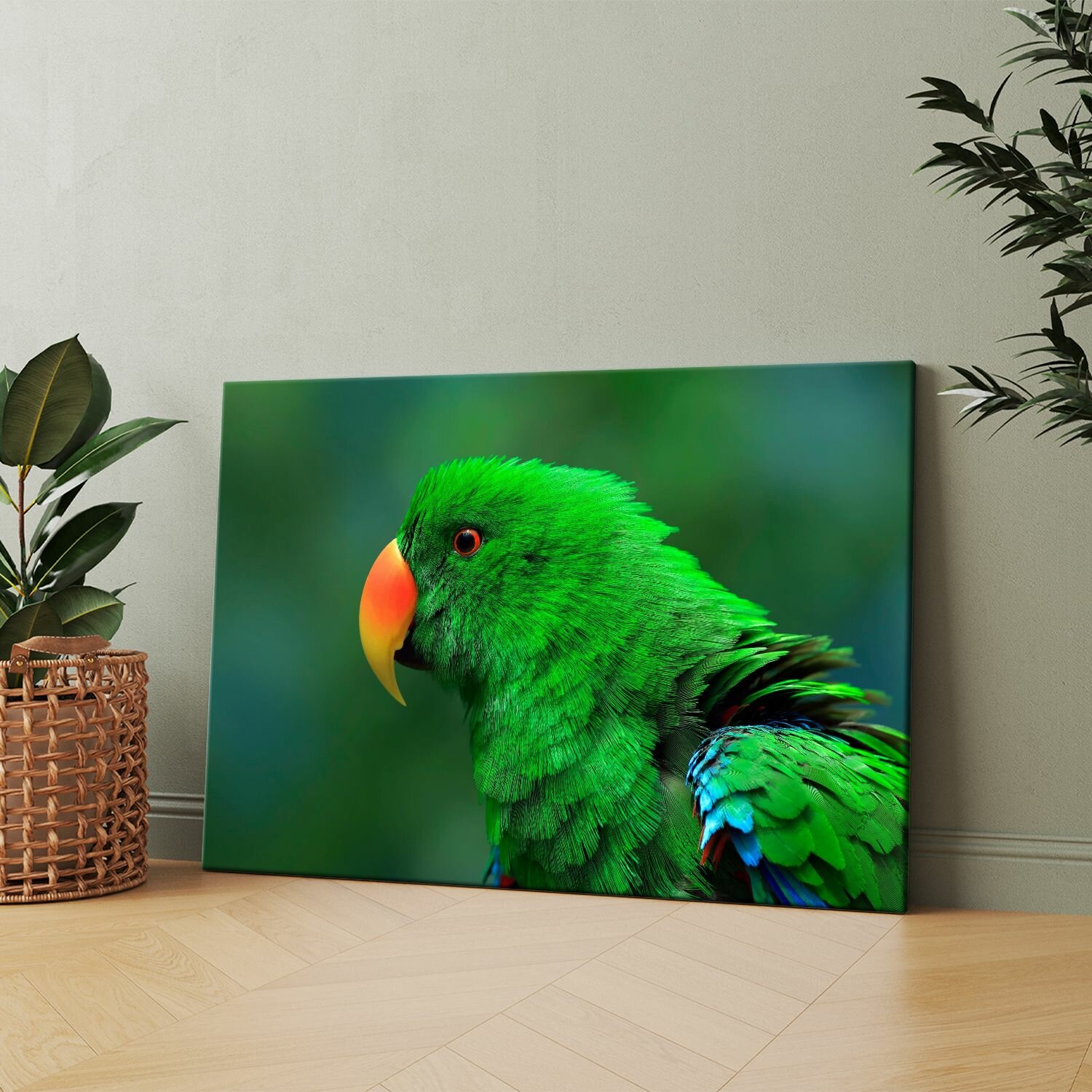 Картина на холсте (Зеленый попугай с красным клювом) 50x70 см. Интерьерная, на стену.