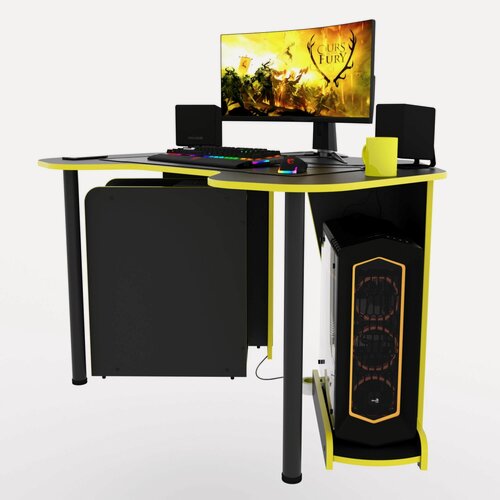 Изображение товара Угловой компьютерный стол "Угол" с тумбой, 140x87x75 см, чёрный с жёлтой кромкой