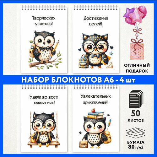 Набор блокнотов А6 - 4 шт подарок выпускнику детского сада на 1 сентября и День Рождения Школьная сова 111 - 2 notepad_school_owls_111_A6_set_2 699₽