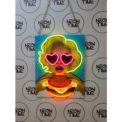 Неоновая вывеска девушка-бургер на окно в бар 49х39см 11000₽
