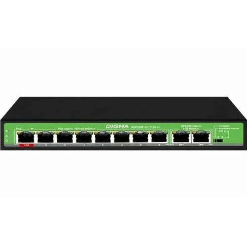 Коммутатор Digma DSP208F-2F-T120 DSP208F-2F-T120 V1 10x100Мбитс 8PoE 8PoE 1PoE 120W неуправляемый 4970₽