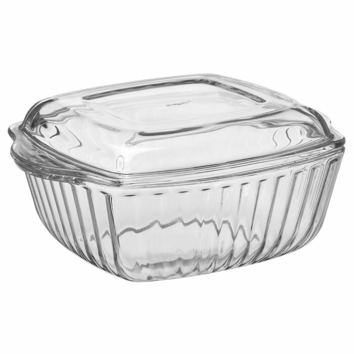 фото Paşabahçe Кастрюля из жаропрочного стекла для запекания Borcam, 2 л, 23,2×23,2 см, рифлёная, с крышкой