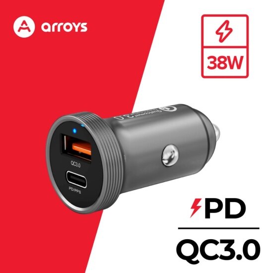 Автомобильное зарядное устройство Arroys CR-4, USB-A + USB-C, 38 Вт, 3 A, черный