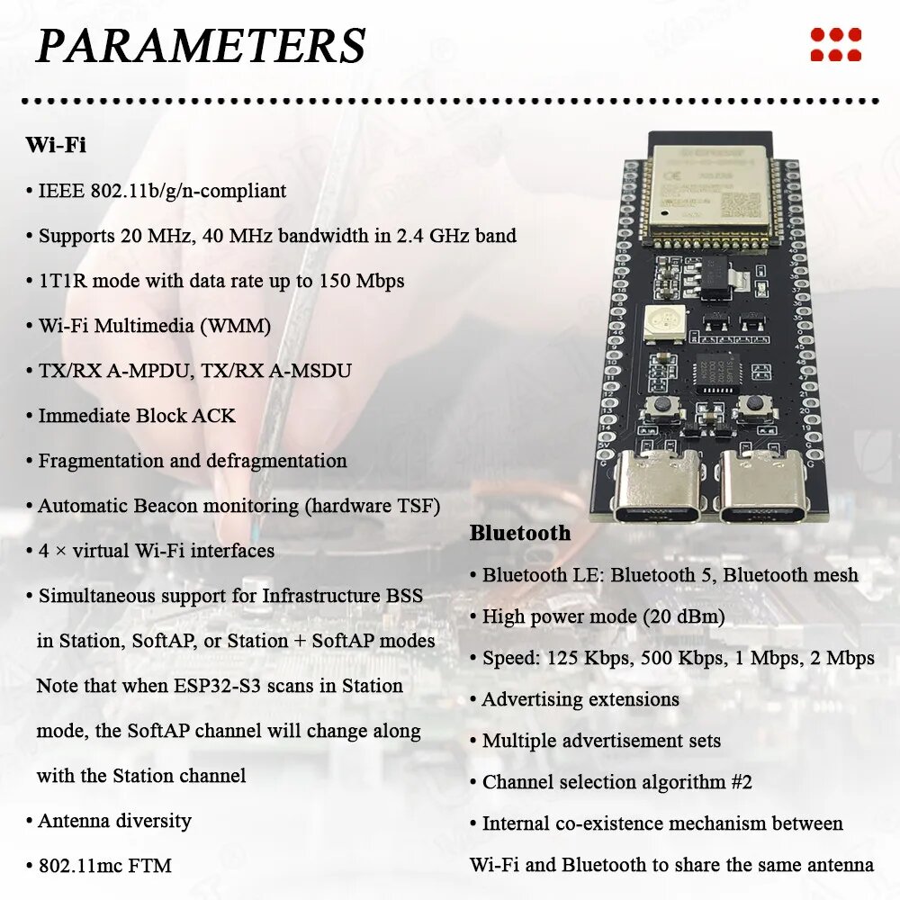 Модуль макетной платы ESP32-S3-DevKitC-1 BT 2,4G Wifi модуль макетная плата для Arduino 16 Мб FLASH 8 Мб PSRAM 44Pin CP2102 Type-C N16R8 ESP32 S3 — фото 1