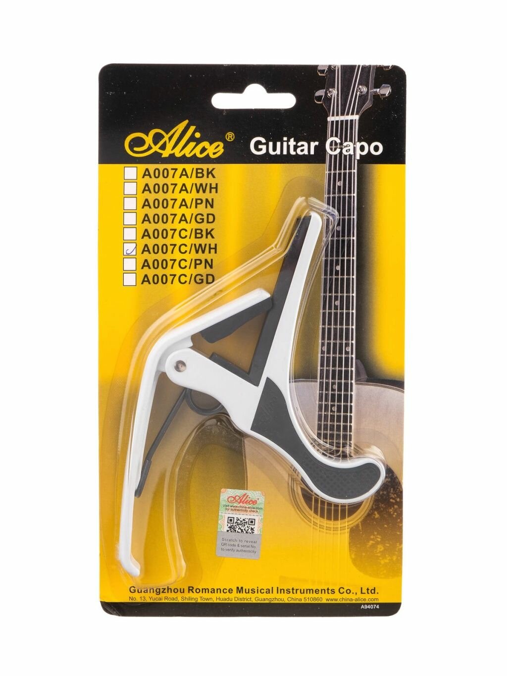 Alice A007C/WH - каподастр для классической гитары, белый — фото 1