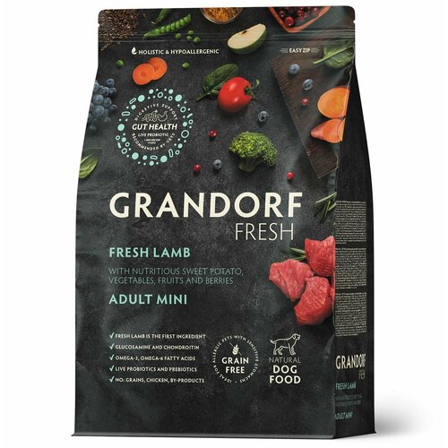 Сухой беззерновой корм Grandorf Fresh свежее мясо ягненка с бататом для собак мелких пород, с живыми пробиотиками, с чувствительным пищеварением или склонных к аллергии 1 кг