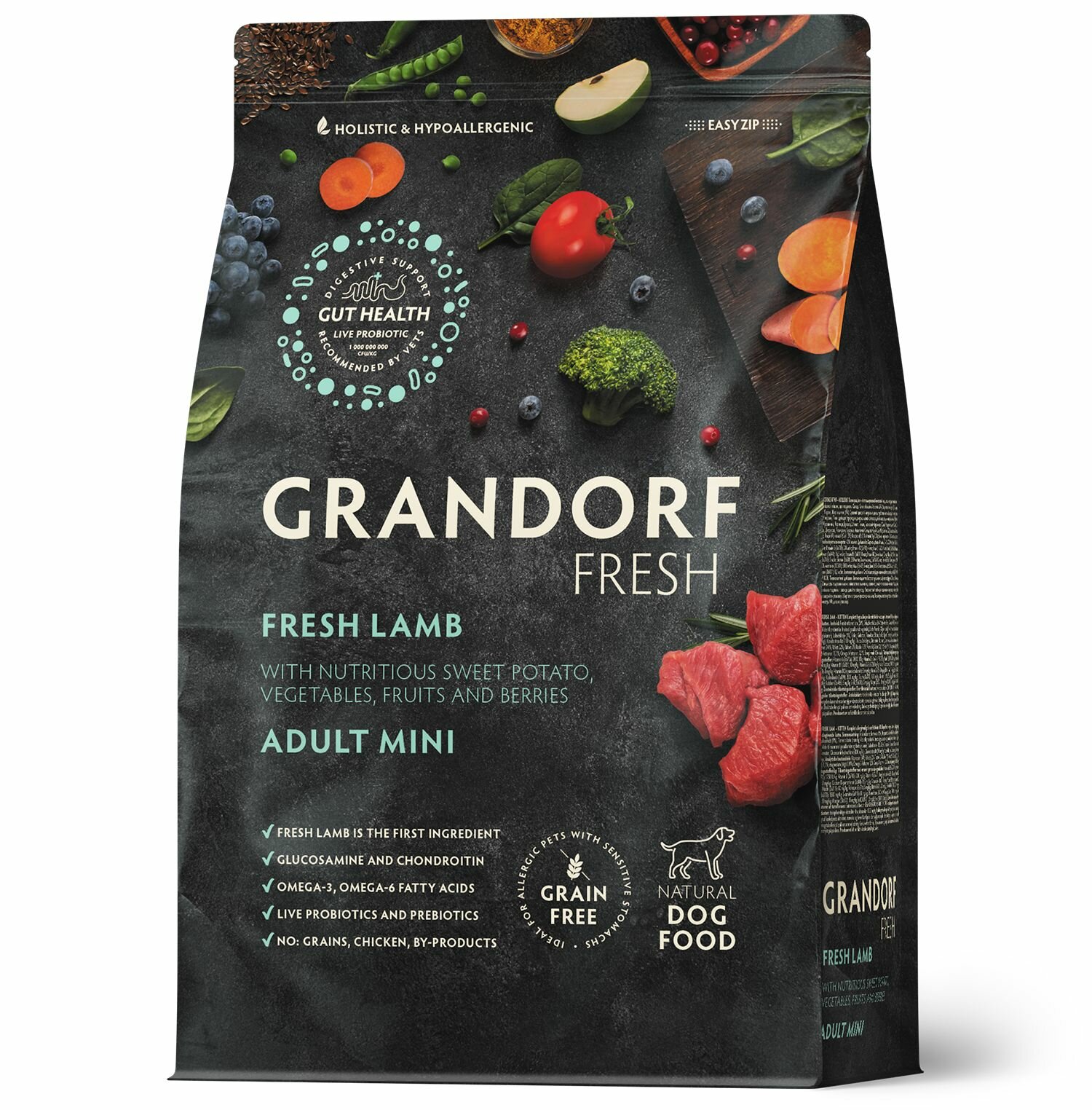 фото Сухой беззерновой корм Grandorf Fresh свежее мясо ягненка с бататом для собак мелких пород, с живыми пробиотиками, с чувствительным пищеварением или склонных к аллергии 1 кг