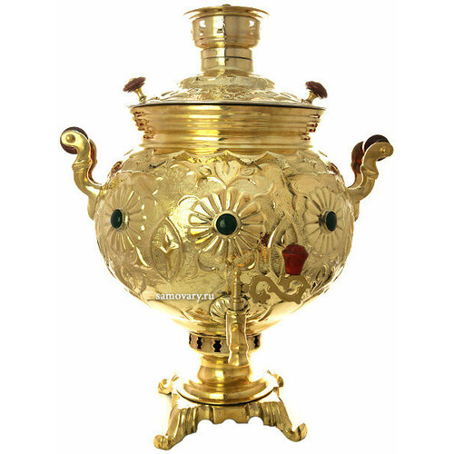 Угольный самовар 10 литров желтый шар, украшенный камнями, арт.450127