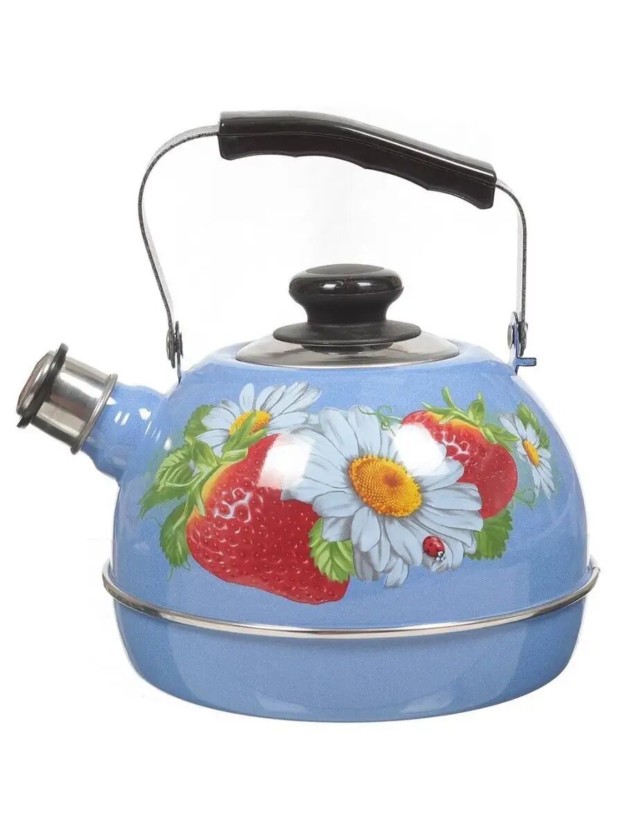 фото Чайник 2,5л.(подвиж. ручка)-белый/клубника с ромашкой (декор- нерж. сталь) ТМ04/25/03/05 (г. Ростов)