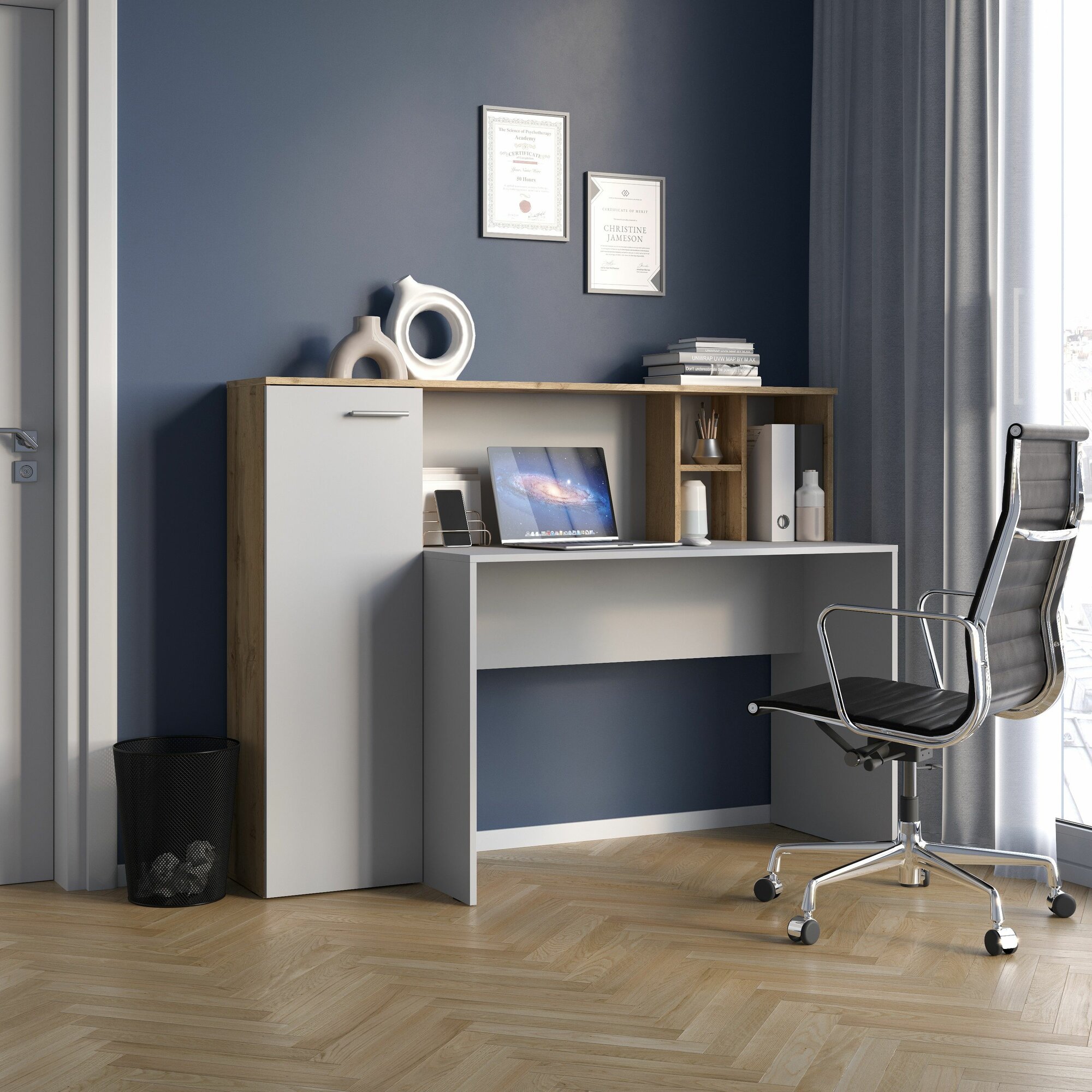 фото Стол письменный, стол компьютерный FUN, Дуб Вотан/Белый, 153.3х116.3х64 см (ШхВхГ)