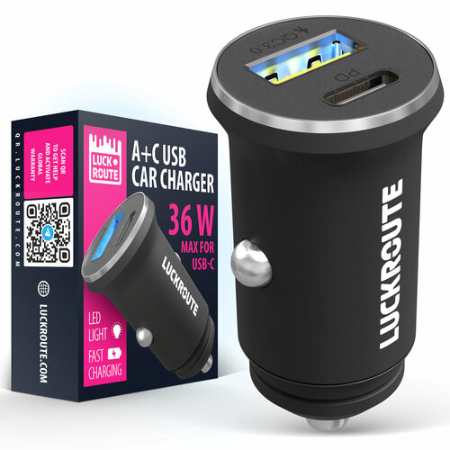 Автомобильная зарядка в прикуриватель 36W быстрая QC 30 для телефона Luckroute - Разветвитель USB Type-C и USB-A 1389₽