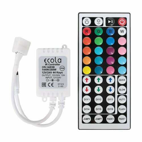 Rонтроллер Ecola LED strip RGB IR controller, 12 A, 144 Вт, 12 В, с инфракрасным пультом управления 44 keys led ir rgb controler for rgb smd 3528 5050 led strip led lights controller ir remote dimmer input dc12v 6a