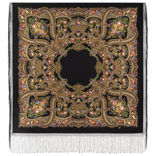 Платок Павловопосадская платочная мануфактура,148х148 см, черный, коричневый павловопосадский платок праздничный город 1921 18