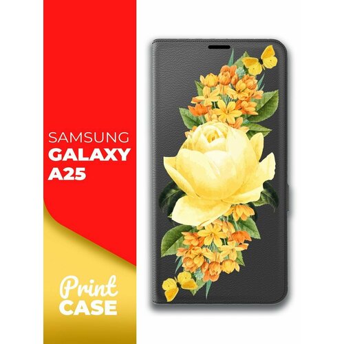 Чехол на Samsung Galaxy A25 (Самсунг Галакси А25) черный книжка эко-кожа подставка отделение для карт магнит Book case, Miuko (принт) Желтые Розы чехол на samsung galaxy a25 самсунг галакси а25 синий книжка эко кожа подставка отделение для карт магнит book case miuko принт розовые розы