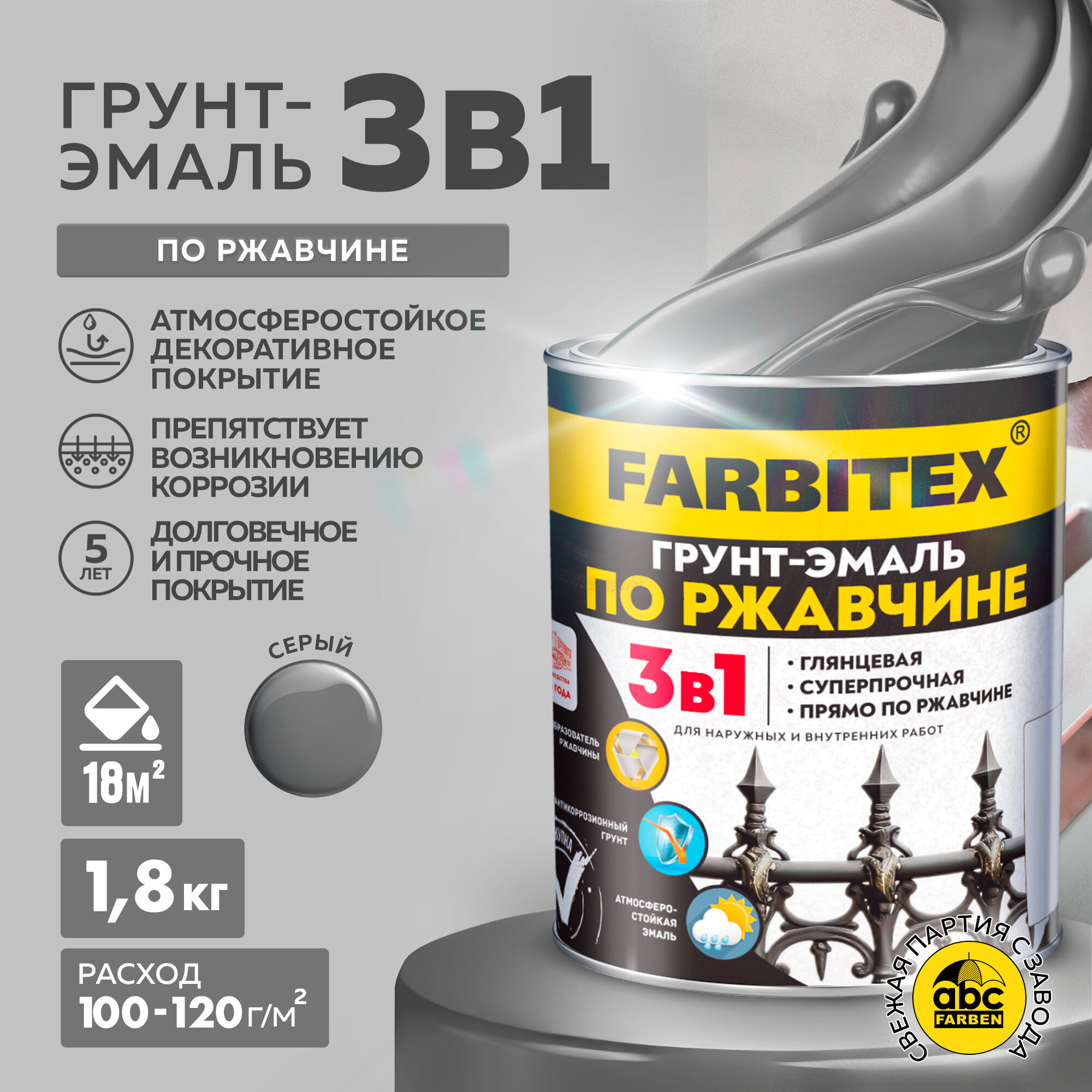 Грунт-эмаль по ржавчине 3 в 1 FARBITEX Серый 1,8 кг