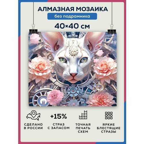 Алмазная мозаика 40x40 Цветочный кот без подрамника