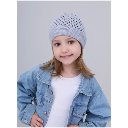 фото Шапка mi ropa детская вязаная шапка-сетка "паутинка", размер 5-8 лет, нежно-голубой