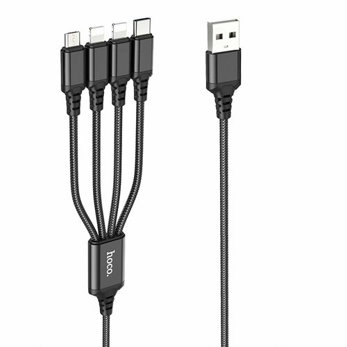 USB кабель HOCO X76 Super Lightning 8-pin/MicroUSB/Type-C, 4в1, 1м, нейлон (черный) кабель qumo mfi с94 usb type c lightning 2 2a 1м силикон фиолетовый 32998