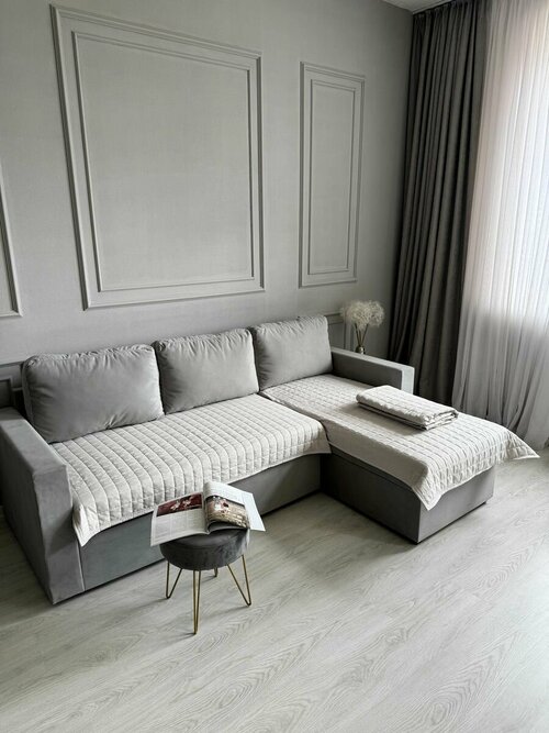 Дивандек накидка на диван и кресло 90х160 см, Ушки Подушки, светло-серый, устойчив к загрязнениям и влаги