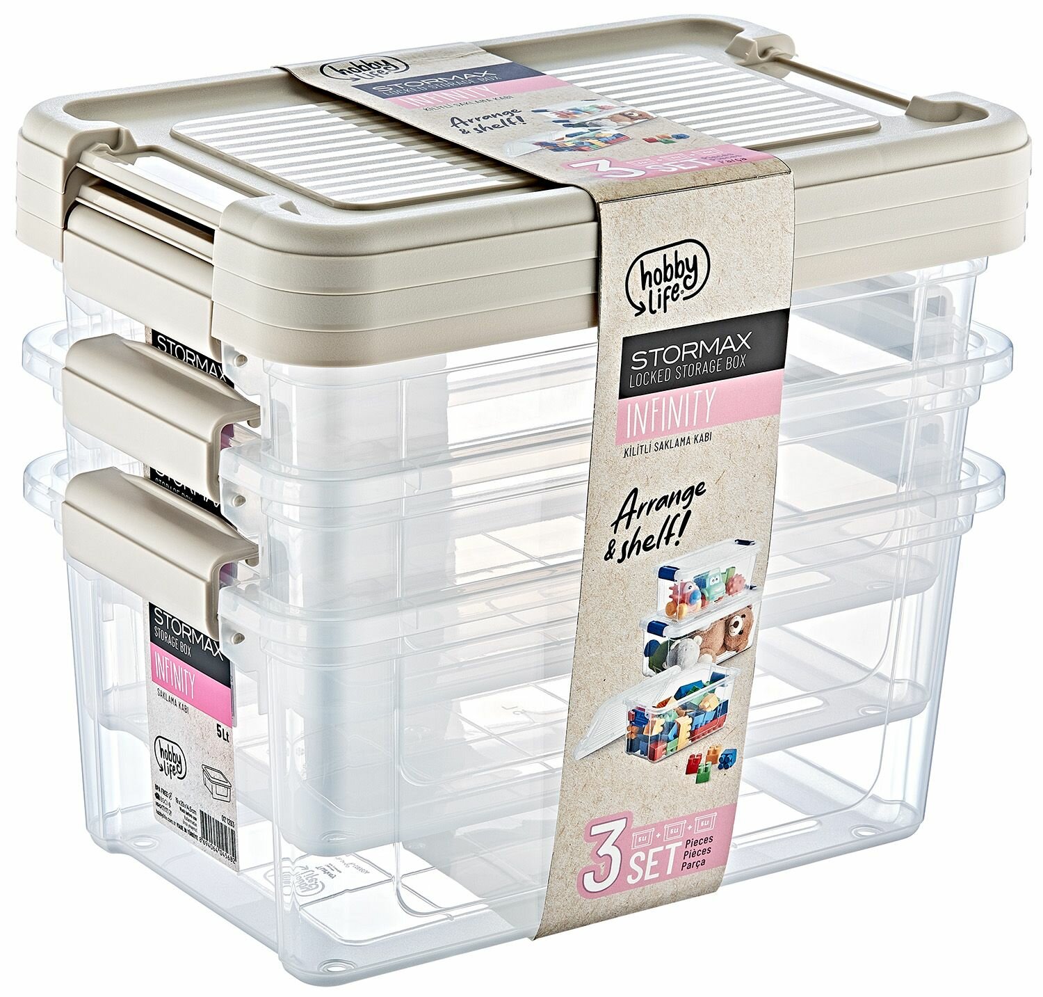 Контейнер для хранения вещей / набор 3 шт. х 5 л, с крышками и зажимами / StorMax Infinity HobbyLife