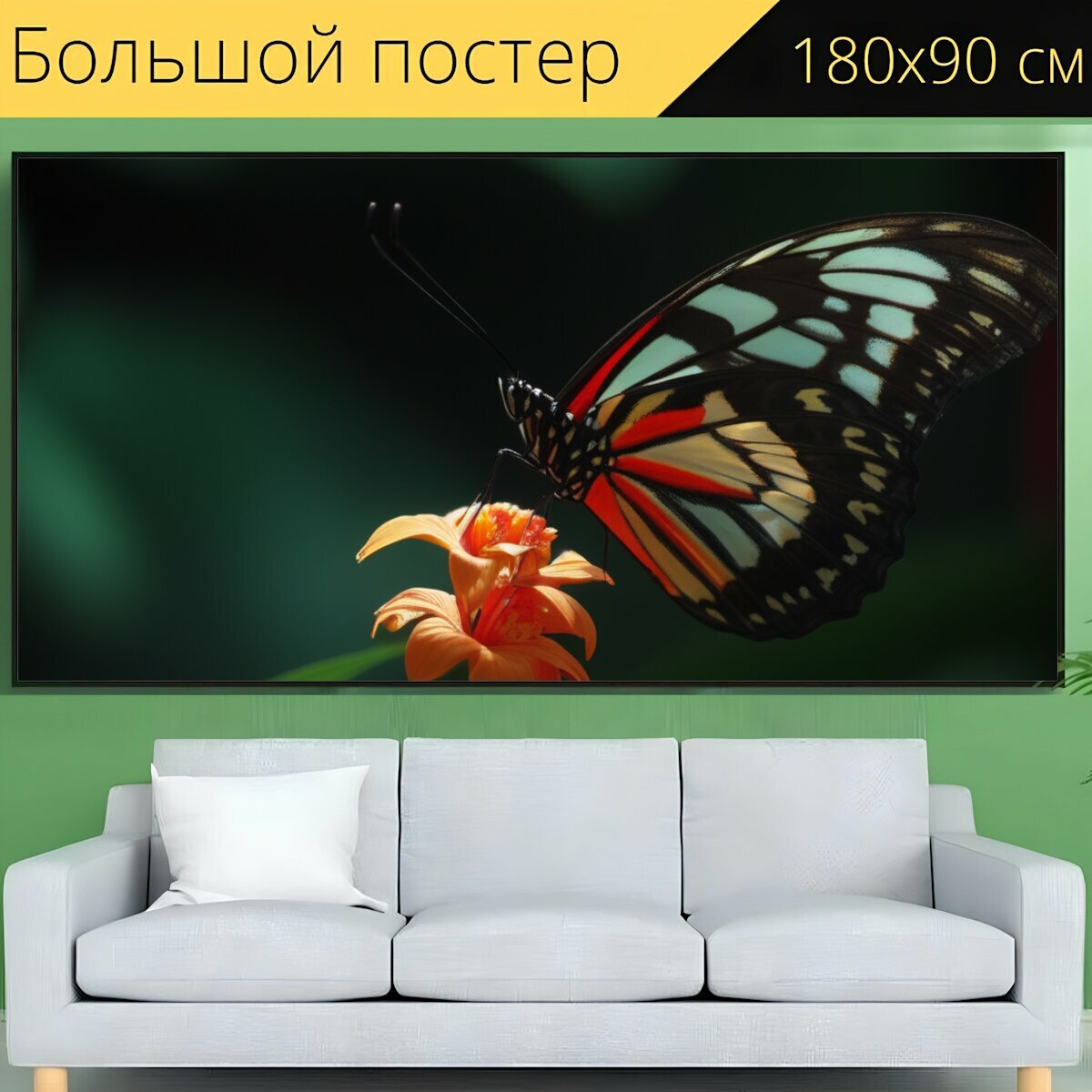 Большой постер для любителей бабочек "Природа, бабочки, на цветке" 180 x 90 см. для интерьера на стену