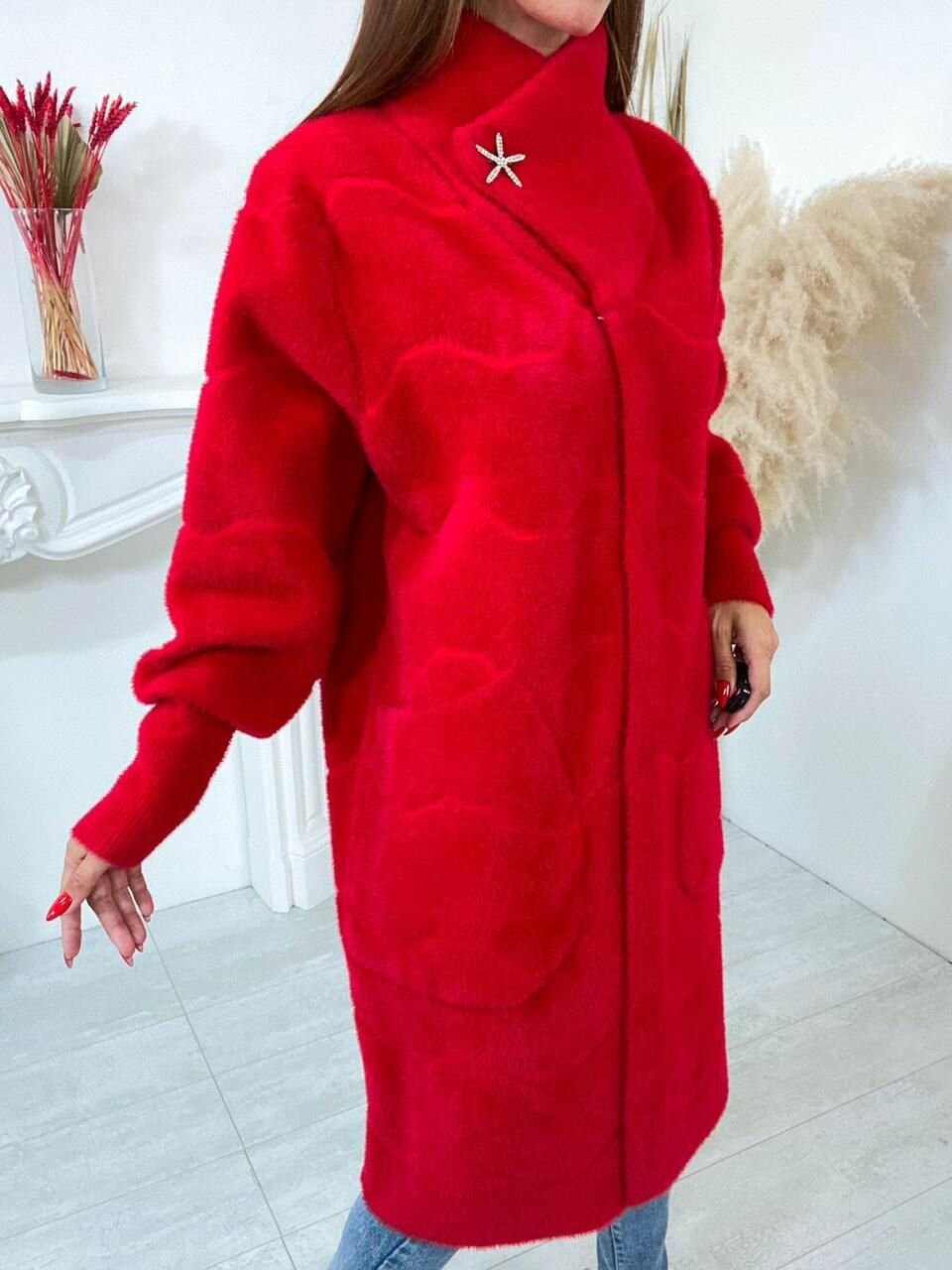 Кардиган  альпака оверсайз 50-56, размер оверсайз, красный