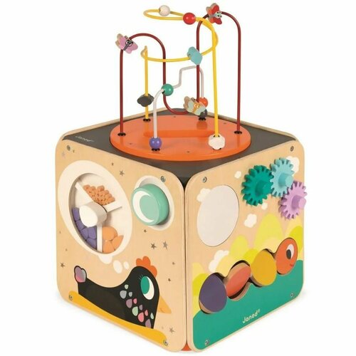 детский развивающий математический лабиринт с деревянными кругами и бусинами Развивающий куб Janod с комплектом игр; 8 видов активностей