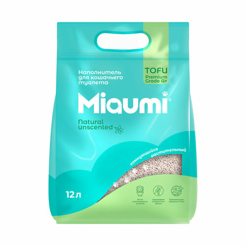 Наполнитель для кошачьего туалета Miaumi TOFU Natural Unscented, комкующийся, растительный, натуральный без ароматизатора 12 л наполнитель для кошачьего туалета miaumi tofu natural комкующийся без ароматизатора 6л