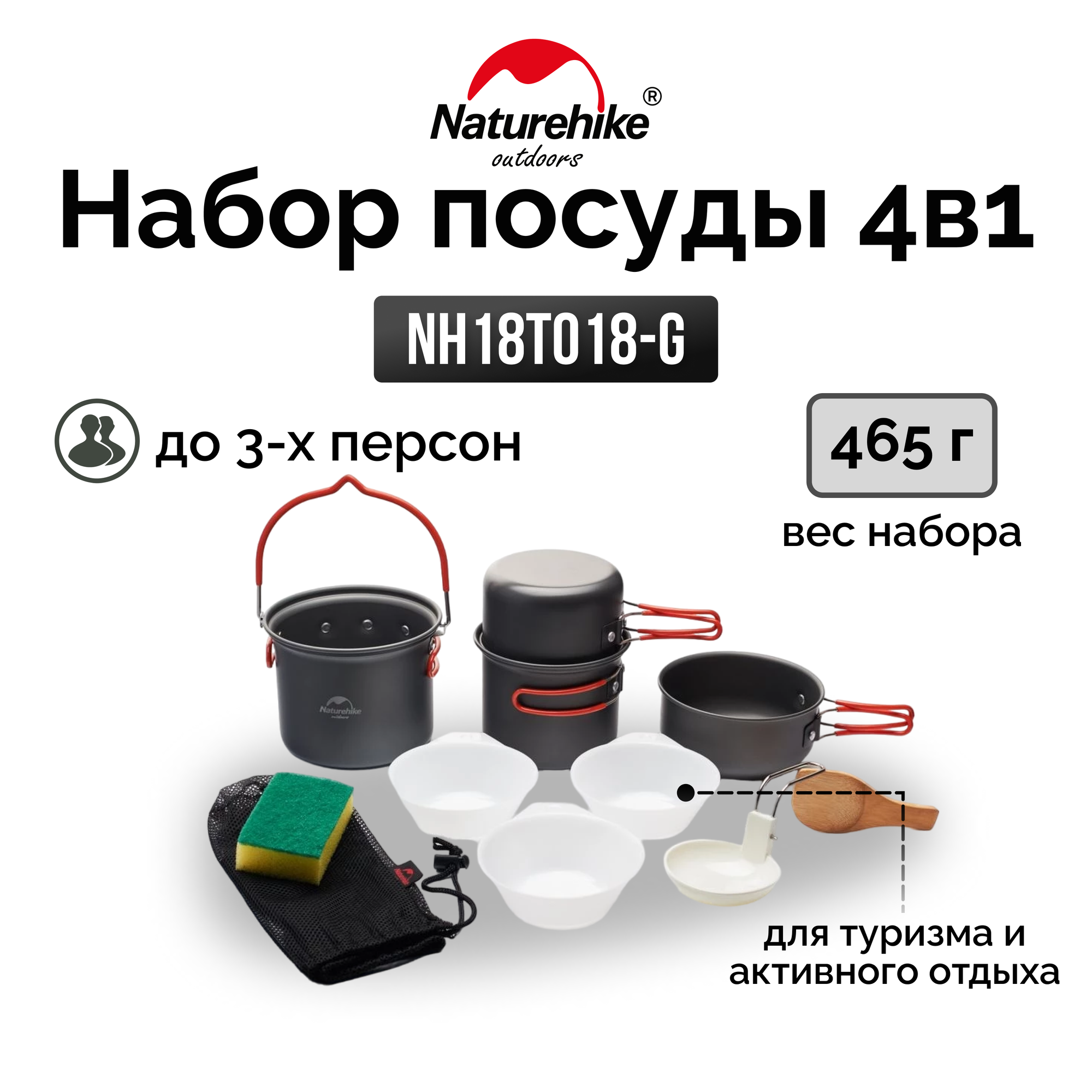 Набор туристической посуды Naturehike NH18T018-G, 6 предметов, серый