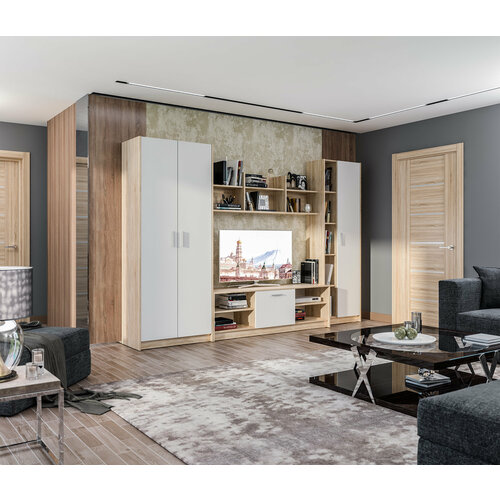 Стенка столплит Прадо СБ-2224 с вешалкой с полками ЛДСП Дуб СономаБелый 302х200х44 см 24580₽