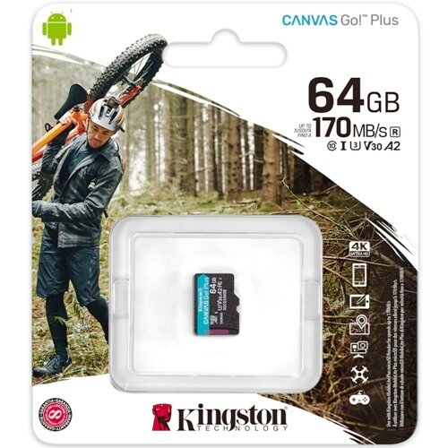Карта памяти microSDXC Kingston 64 Гб класс 10 UHS-I U3 V30 Canvas GO Plus A2