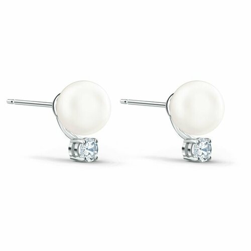 фото Серьги пусеты swarovski, кристаллы swarovski, размер 12 мм, серебристый/белый