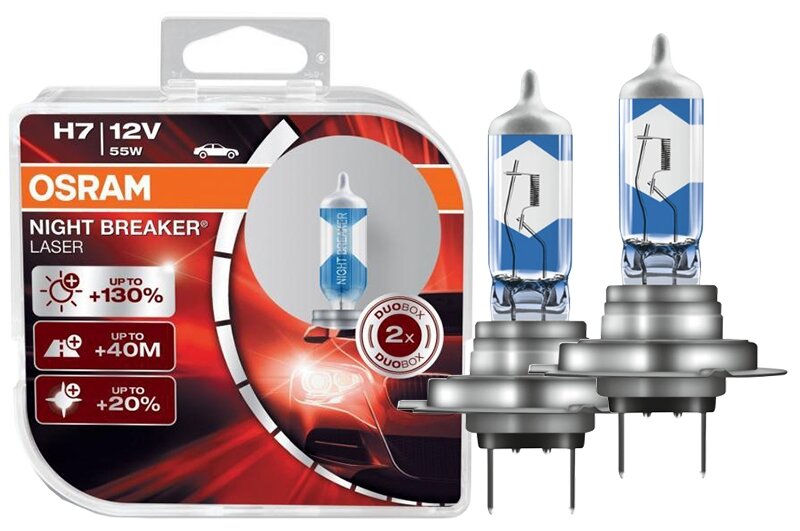 Лампа галогенная Osram H7 12V- 55W (PX26d) (+130% света) Night Breaker Laser (2шт) DuoBox, - фото №1
