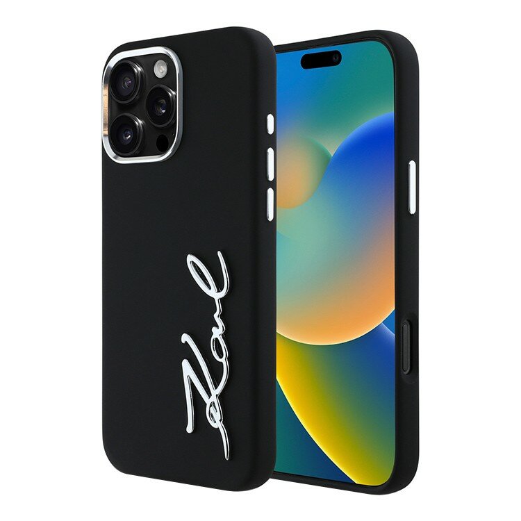 Karl Lagerfeld силиконовый чехол для iPhone 16 Pro, Liquid silicone Signature Metal logo & Camera frame, чёрный