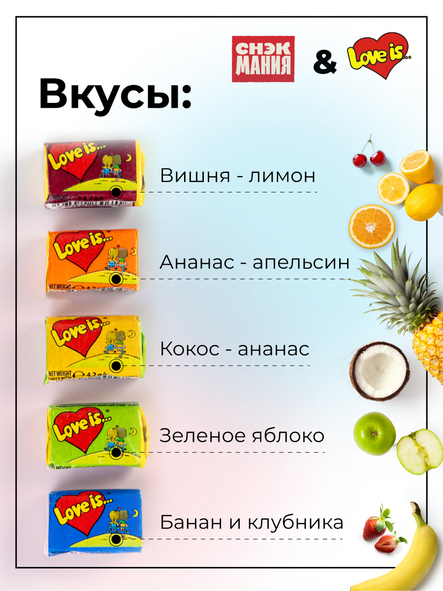 Жевательная резинка Love is. Фруктовое ассорти из 25 шт мозаика / Набор жвачки со вкусом яблока, клубники, банана, апельсина, вишни — фото 1