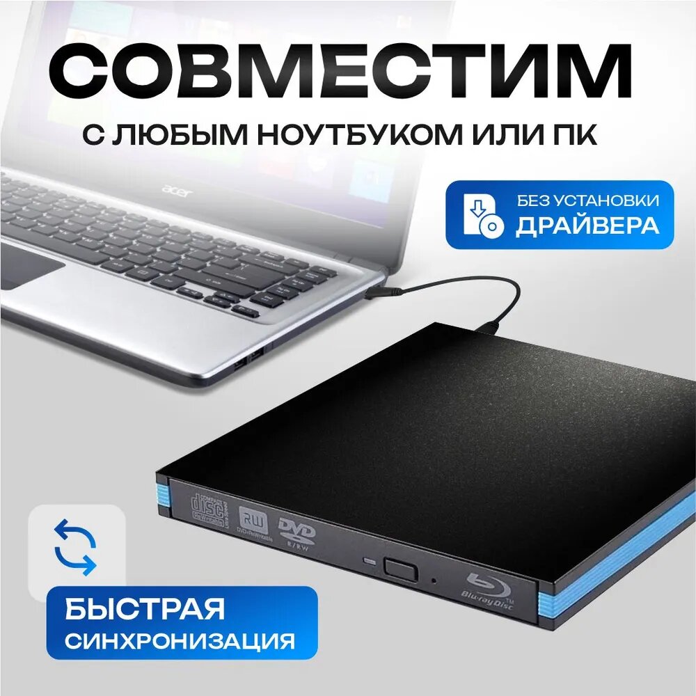 Внешний дисковод Blu-Ray-RW+DVD R/RW привод с интерфейсом USB 3.0/ для компьютера и ноутбука — фото 1