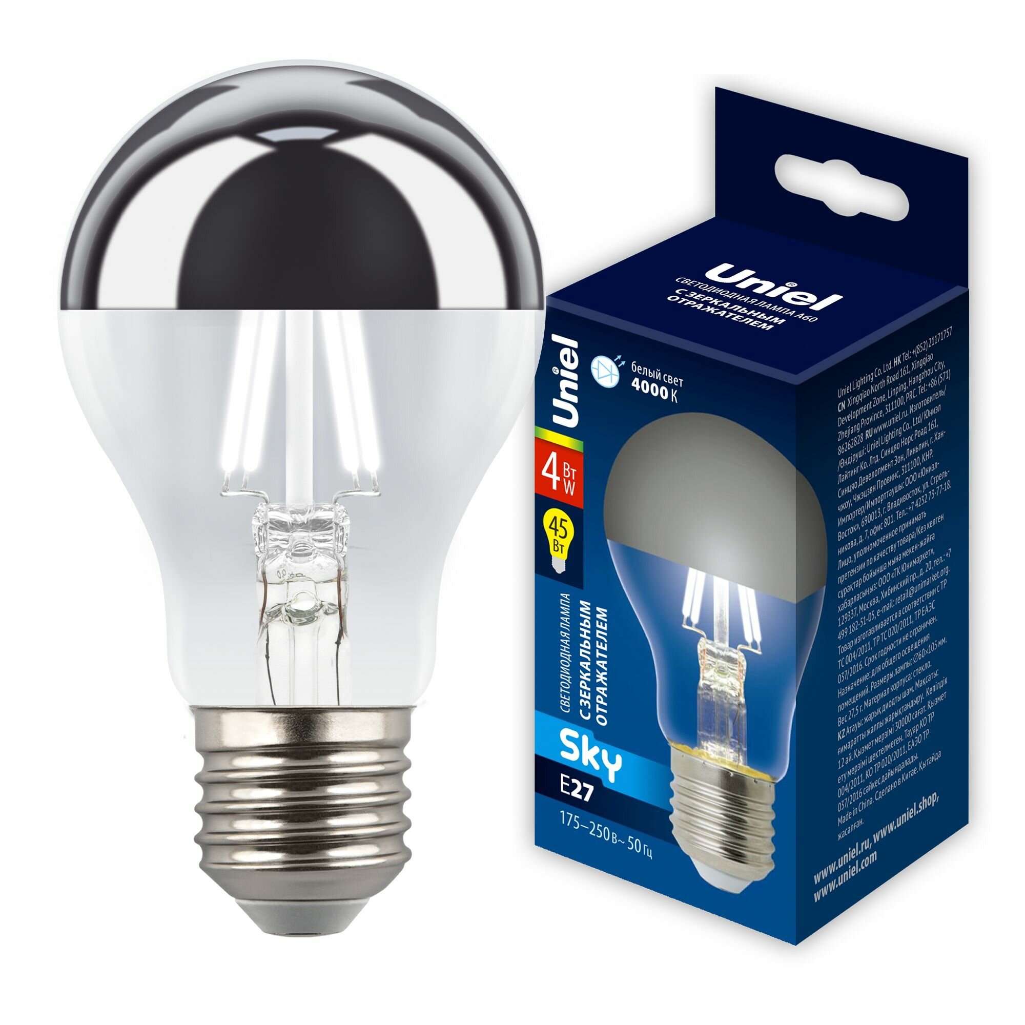 Лампа светодиодная Uniel E27 4W 4000K зеркальная LED-A60-4W/4000K/E27/CL MIRROR/CHROME PLS02WH UL-00011796 цвет Зеркал
