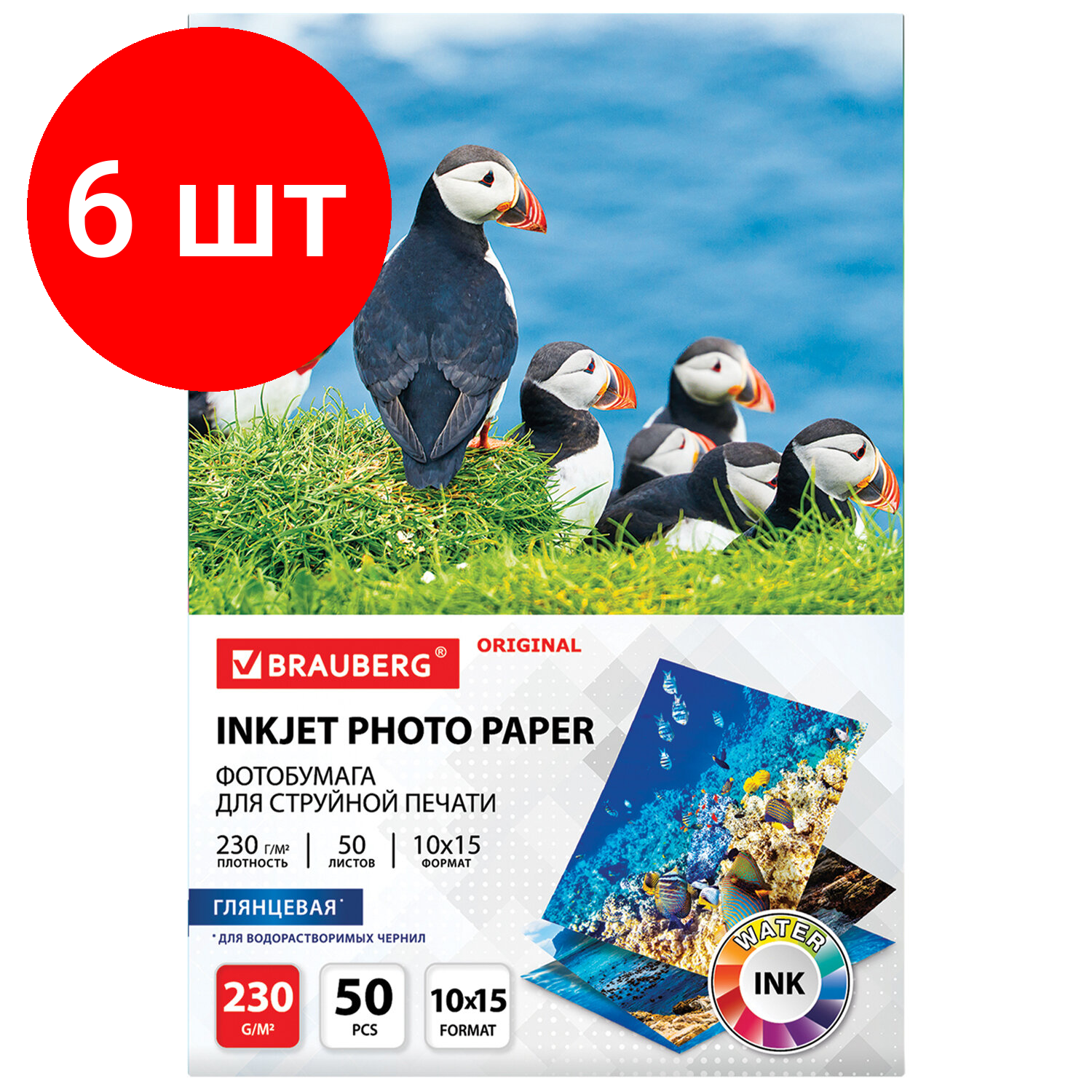 Комплект 6 шт, Фотобумага глянцевая, 10х15 см, 230 г/м2, односторонняя, 50 листов, BRAUBERG ORIGINAL, 363972