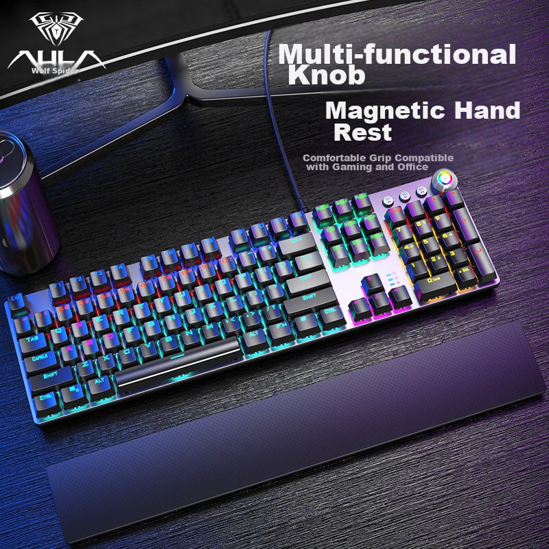AULA F2088 Mechanical Keyboard, Wired Gaming Keyboard, Multifunctional Knob, 104-Key RGB Backlit Keyboard, Macro Programming, Computer Keyboard, Blue Switch, Elite Edition — фото 1
