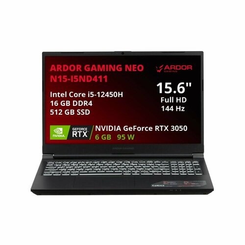 156 Ноутбук ARDOR GAMING NEO N15-I5ND411 1920x1080 IPS Intel Core i5-12450H RAM 16 ГБ SSD 512 ГБ GeForce RTX 3050 6 ГБ без ОС черный 83556₽